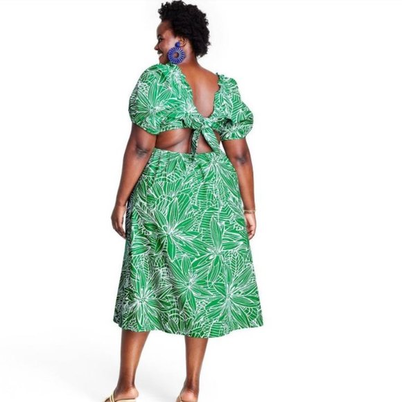 NWT Size W16/18 Tabitha Brown Linear Floral Puff Sleeve Tie-Back Dress - Picture 2 of 2